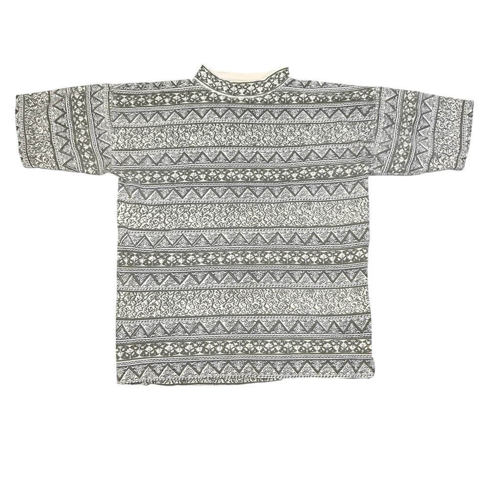 Vintage Escape Wear Mens Small Mock Neck T-Shirt Olive Green Tribal Print Cotton